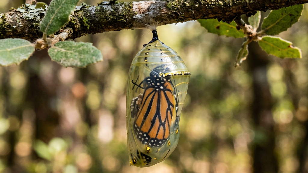 Monarch butterfly emerging inside transparent chrysalis hanging from a tree branch